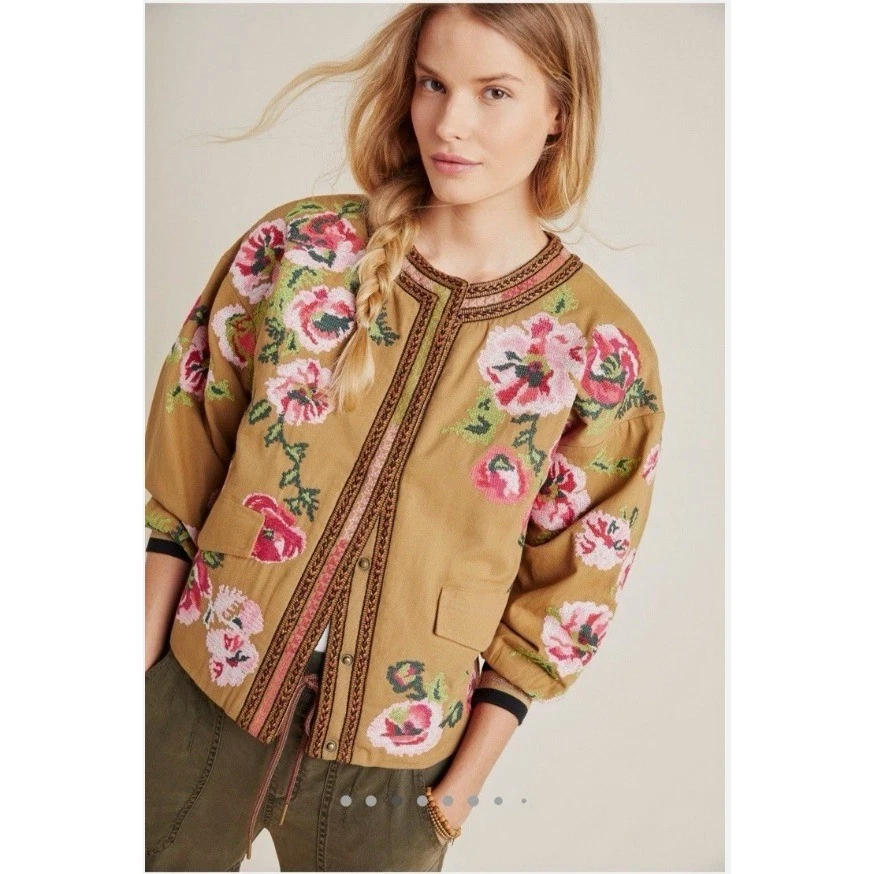 Chaqueta Bomber Anthropologie Floral Punta de Aguja Broches Bohemia Mujer Talla Mediana Foto 2 de 4