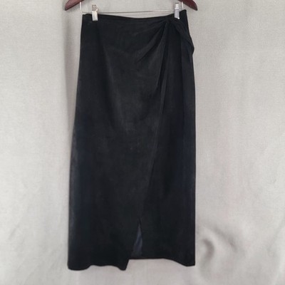 Ann Taylor Skirt Womens 8 Black Suede Leather Vintage Faux Wrap Midi Slit