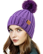 Womens Winter Beanie Hat Fleece Lined Warm Skull Cap with Faux Fur Light Purple