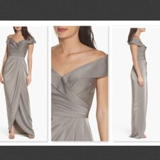 La Femme Gray Surplice Off The Shoulder Column Gown In Pewter Sz 0 B576