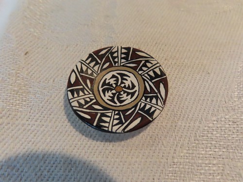 Miniature Southwestern pottery plate w/ geometric pattern, signed dollhouse size