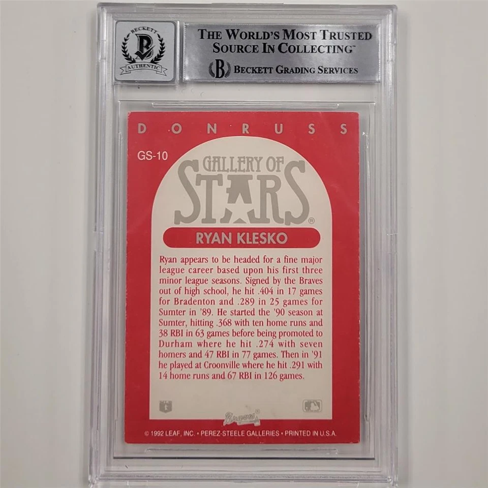 Ryan Klesko 1992 Leaf Donruss Gallery of Stars #GS10 cartão de controle remoto BAS 10 automático - Imagem 2 de 2