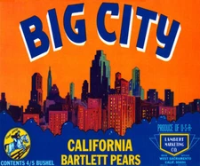 CRATE LABEL BIG CITY CALIFORNIA BARTLETT PEARS USA PRODUCE VINTAGE POSTER REPRO 