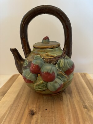  Rustic Ceramic 32 Ounce Teapot with Plum and Leaf Raised Relief and Hoop Handle
