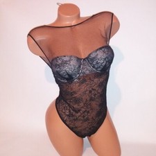 Victoria Secret Lingerie Teddy One Piece Bodysuit 34B Black Sheer Mesh Lace New