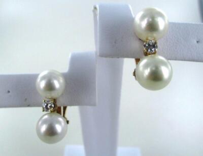 14KT MASSIV GELBGOLD 2 DIAMANTEN 8MM PERLEN CLIP AUF OHRRINGE LOYALITÄT WAHRHEIT REINHEIT