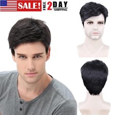 Men's Black Men Wig Short Full Wigs Little Wavy Synthetic Straight Hair Daily US