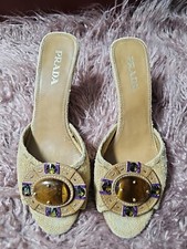 PRADA Women's Wedge Sandals Beige Color Fabric Upper Made In Italy.Size 36