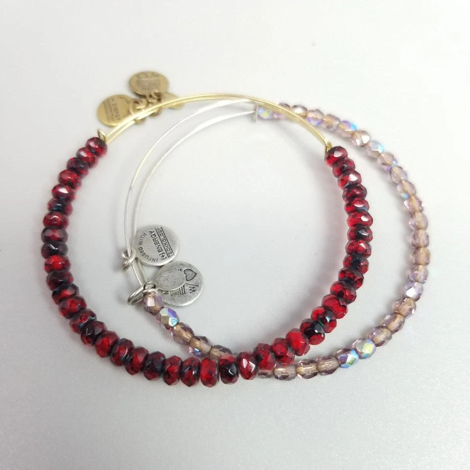Alex and Ani Energy Pair Glass Beaded Bangles Red Gold Tone Purple Silver Tone - Image 3 of 4