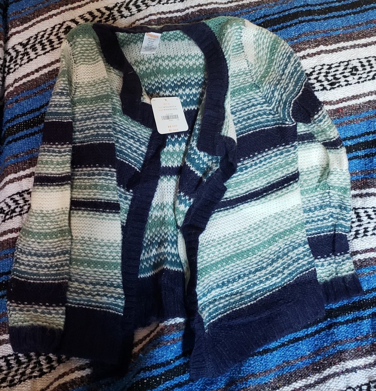 Gymboree Woodland Weekend Girl Med 7-8 Blue Green Striped Flyaway Cardigan NWT