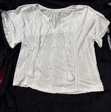 Lucky Brand White Embroidered Blouse Women s L Cotton Boho Peasant Top