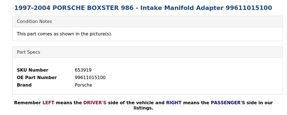 PORSCHE BOXSTER 986 1997-2004 - Adaptador colector de admisión 99611015100 Foto 3 de 4