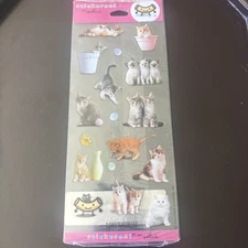 Vtg Hallmark Stickeroni Cat Stickers Kittens Playing Flower Pot Yarn Clear Back