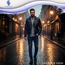 Men's Black Genuine Leather Biker Jacket Motorcycle Moto Slim Fit Rider