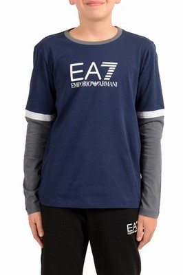 Emporio Armani EA7 Boys Blue Long Sleeve Logo Print Crewneck T-Shirt