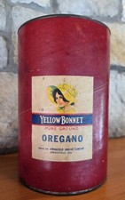 Vtg Yellow Bonnet Ground Oregano Spice Cardboard Tin Large 1 lb Springfield MO