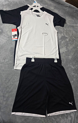 PUMA Boys 3-Piece Shorts Set XL Black/White Tee Tank Shorts Mesh Breathable