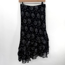 Vintage Y2K Fairy Midi Ruffle Bias Cut Skirt in Black White Floral Size 4