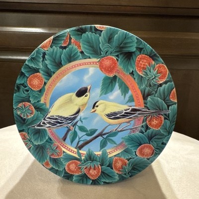 Vintage Goldfinch Bird Strawberries Round Tin Container Yellow Green Red 5x3.25 