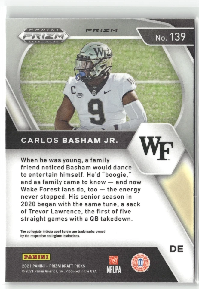 2021 Panini Prizm Draft Picks Collegiate #139 Carlos Basham Jr. Green Wave - Image 2 of 2