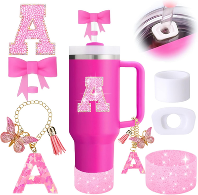 #ad 6PCS Pink Stanley Cup Accessories Set Initials Decorations for Stanley Cup $22.99