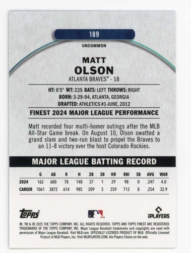 2025 Topps Finest Matt Olson Sky Blue Refractor Uncommon 84/250 #189 Braves - Picture 2 of 2