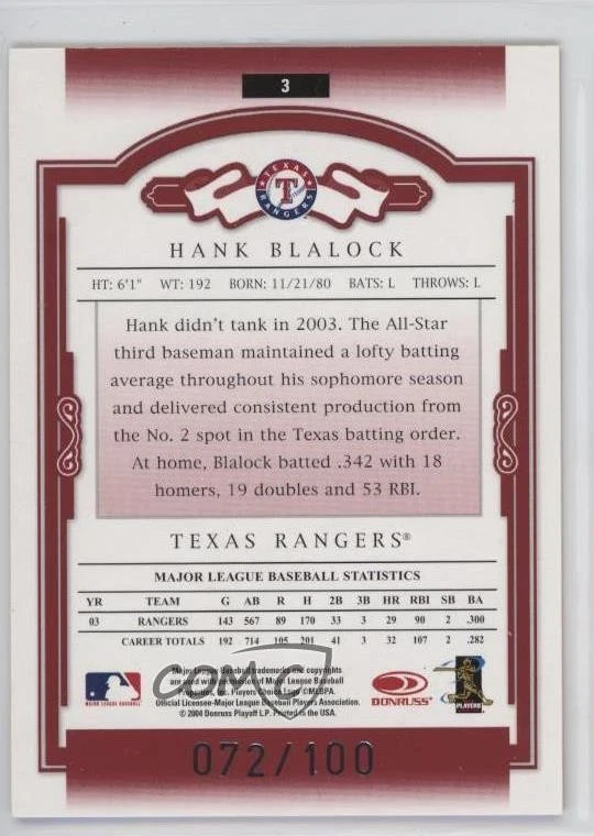 2004 Donruss Classics Timeless Tributes Red /100 Hank Blalock #3 - Image 2 of 2