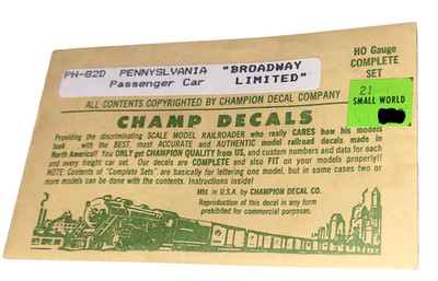 Champ Decals PH-82D Pennsylvania ''Broadway Limited'' Passenger Car  - HO Gauge