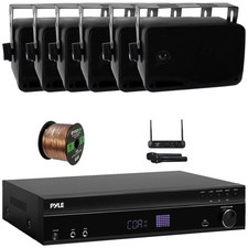 Pyle FM Home Sound Receiver, 6x 3.5'' 200W 3-Way Black Speakers Wireless Mic