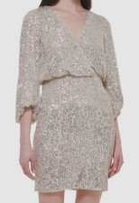 Eliza J Womens' Silver Sequined Surplice V-Neck Blouson Dress Petite Size 2P