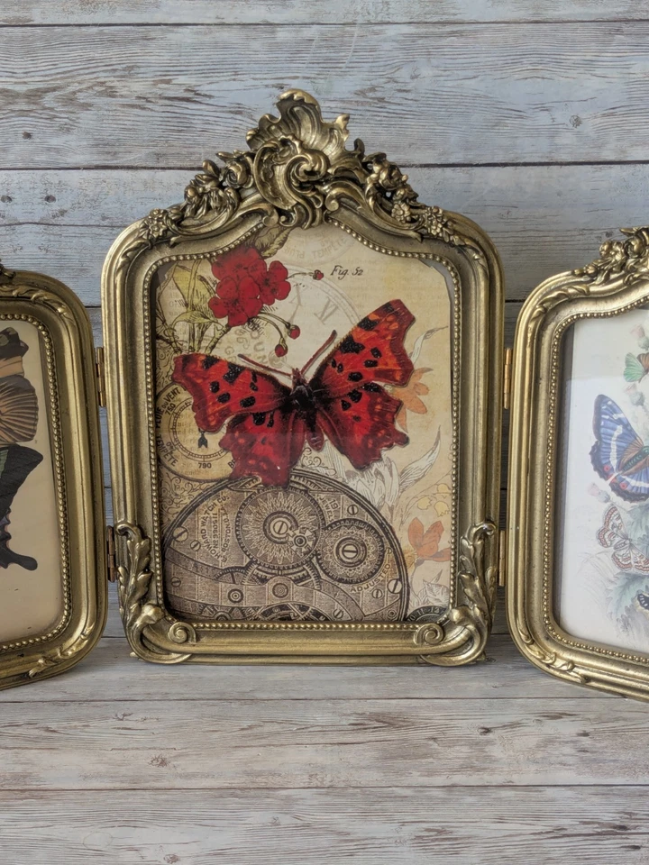 Marco de fotos Nicole Miller estilo Art Nouveau acabado dorado marco triple tríptico Foto 2 de 4