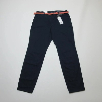Tom Tailor Womens Belted Chino Trousers Size 32/30 Navy Blue Slim Fit NWT