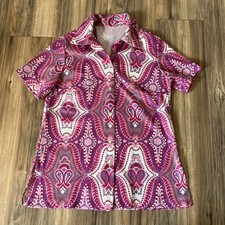 Vintage 70s Purple Paisley Button Down Shirt Women Boho Disco Floral Psychedelic