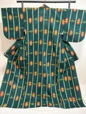 Vintage Japanese Komon Kimono Green Kasuri Style Geometric Pattern from Japan