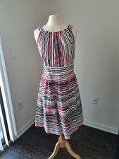 Size 16 Sleeveless Pleat Neck Fit & Flare Dress Striped Knee Length With Pockets