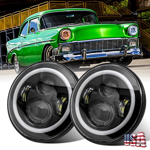 Pair For Chevrolet Bel Air 1950-1957 7" Round Led Headlight Halo Angel Eyes Bulb - Picture 1 of 12