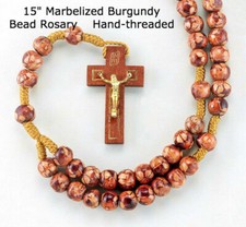 Burgundy Marbelized Wood Bead Rosary, Hand-Threaded, Sturdy 15"