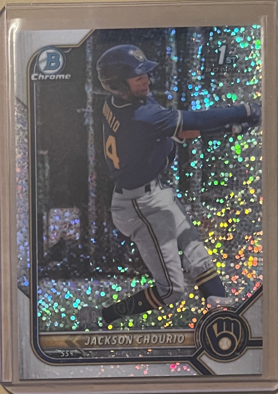 2022 Bowman Chrome JACKSON CHOURIO Speckle Sparkle Refractor /299 BCP-79 Brewers