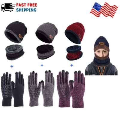 Men Women 1/3Pcs Warm Knit Beanie Hat Scarf Touch Screen Ski Gloves Cap Winter