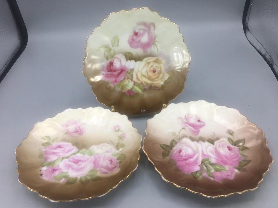3 Platos Baviera Acabados a Mano Punch Z S & Co Rosas Rosas Marrón Floral Antiguo Foto 2 de 4
