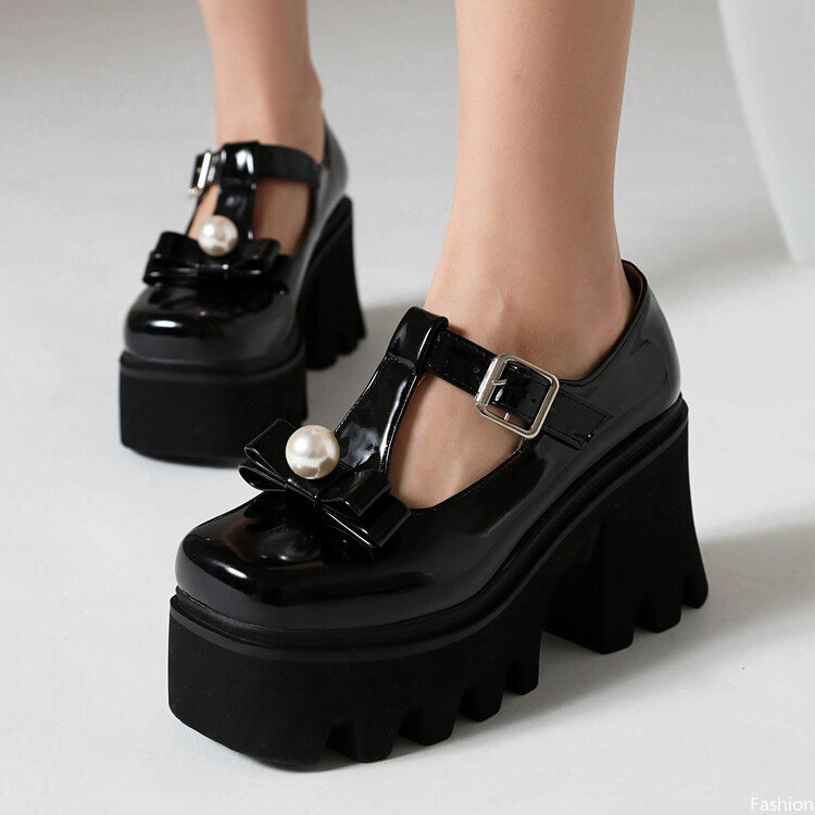 Women's Round Head Buckle Strap Pearl Shoes Artificial Leather Heel fashion