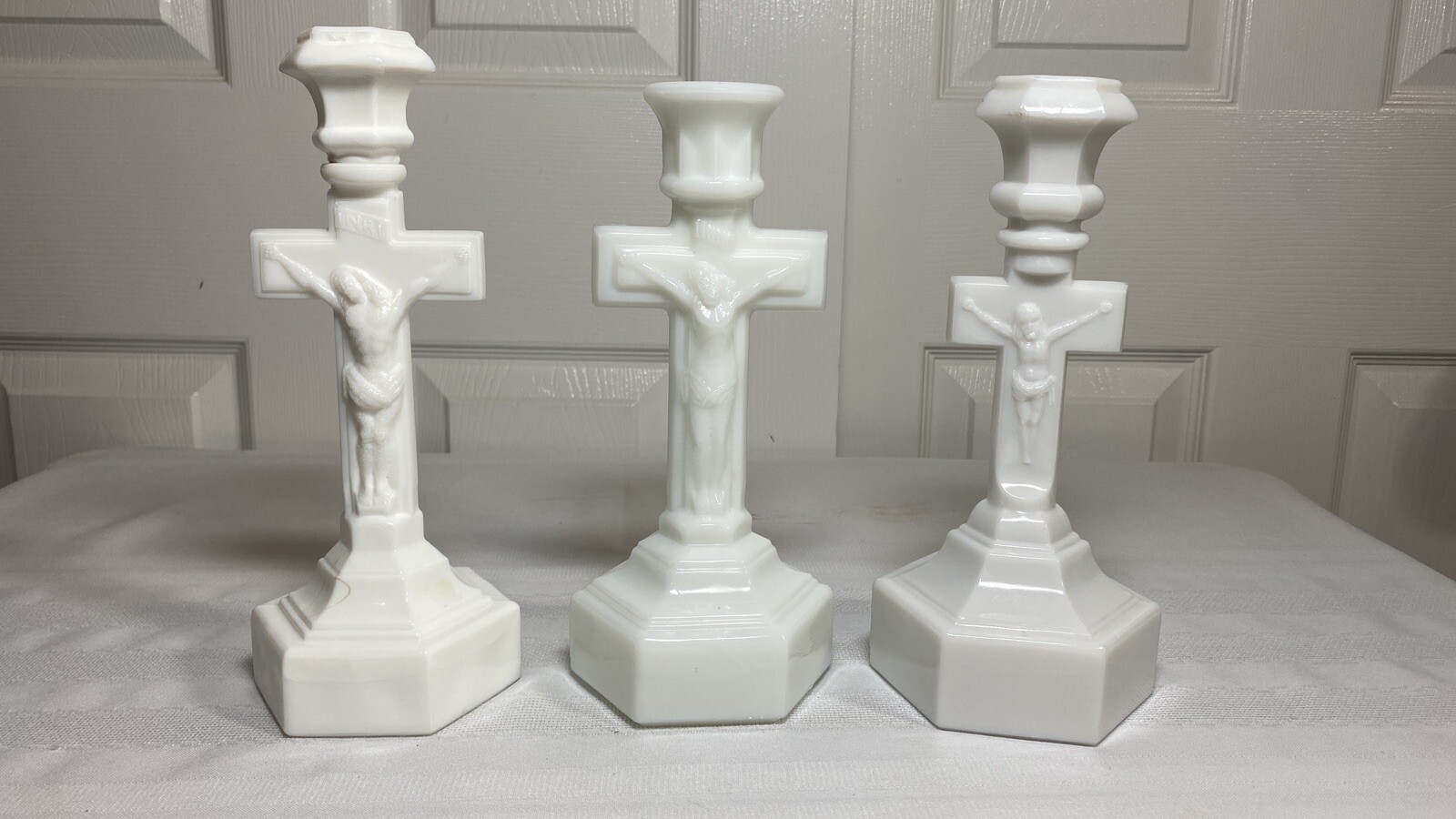 Milk Glass Crucifix Candle Holder Hexagonal Base Lot of 3 Vintage