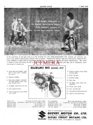 Suzuki ''Modell 50cc M12'' Mofa Motorrad Werbung 2 Oldtimer 1964 Printanzeige 694/62