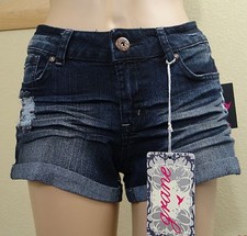 NWT GRANE cuff leg stud back blue denim frayed detail ruched front mini shorts,9