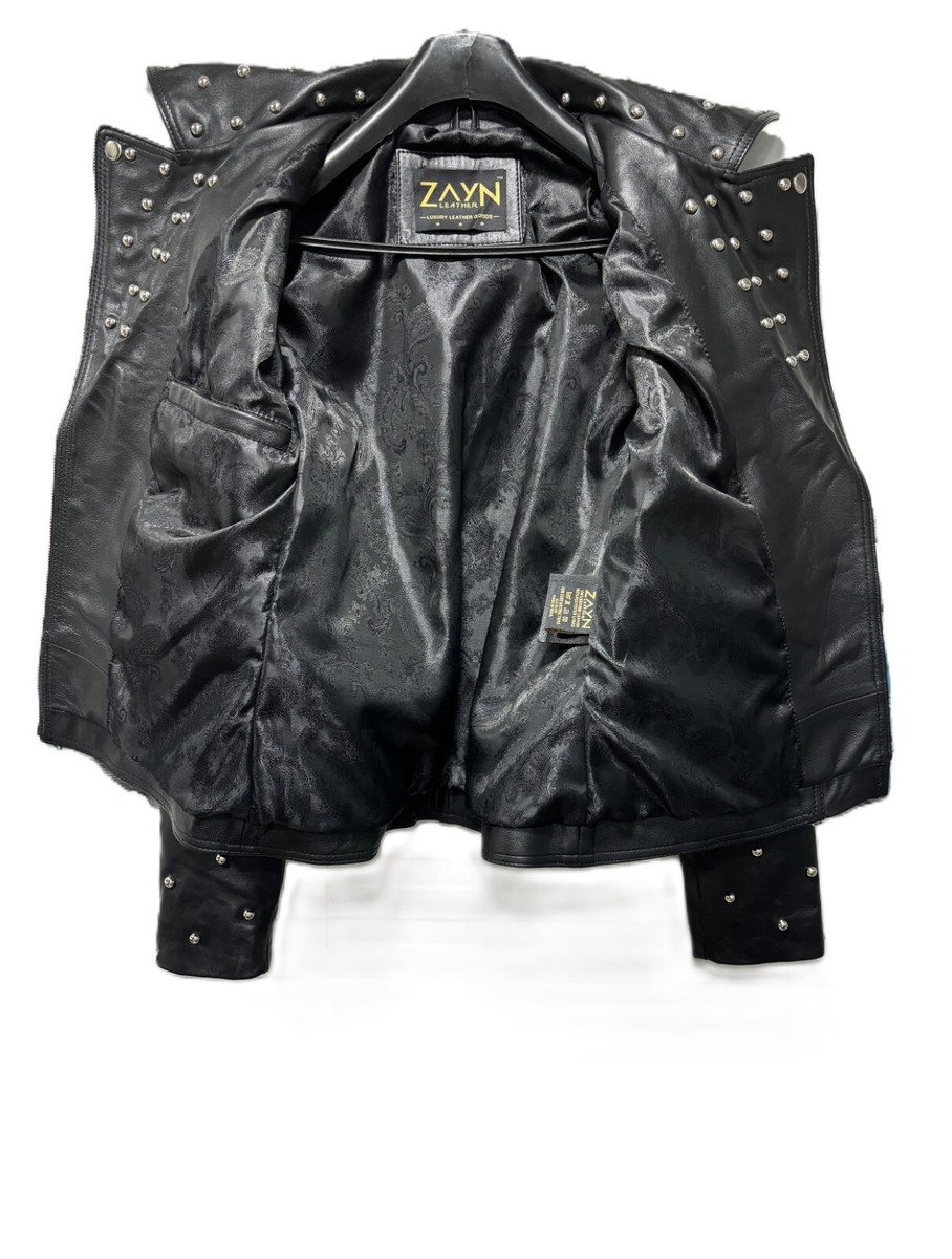 Women's Studded Leather Jacket Black Motorcycle Biker Real