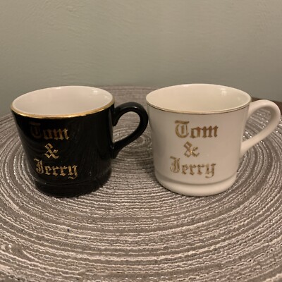 Two Vintage Tom & Jerry Black and White Ivory Cups With Gold, Hall Pottery
