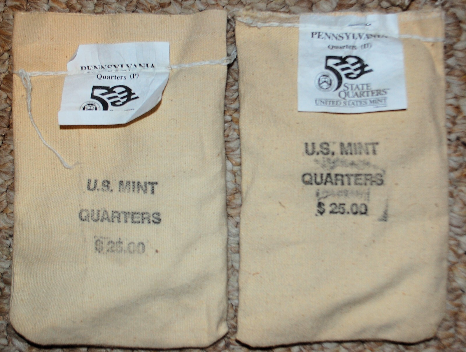 Pair of Mint Sewn Bag Pennsylvania Quarters 25 Bags Phil (P) and Den
