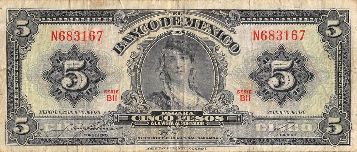 Mexico 5 Pesos 22.7.1970 Series BII Prefix N Circulated
