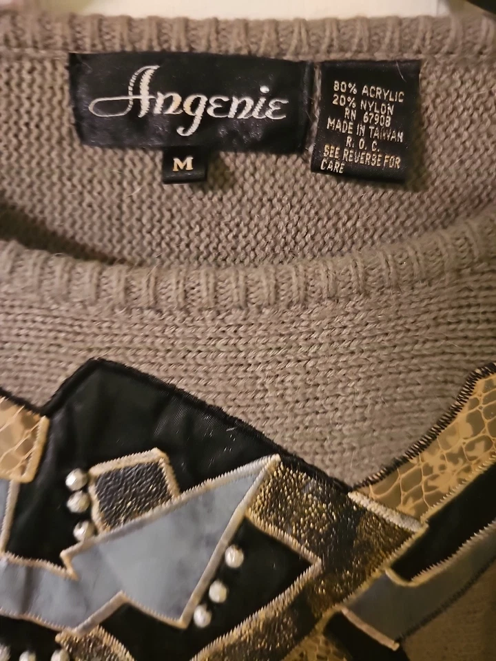 Винтажный 80-х/90-х серый Angenie свитер вязаный бисером серый с черным серебром и желтовато-коричневый - Изображение 3 из 4