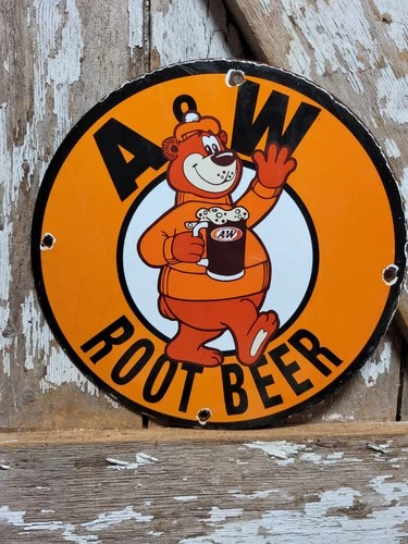 VINTAGE AW ROOTBEER PORCELAIN SIGN OLD SODA BEVERAGE COLA DRINK ADVERTISING BEAR